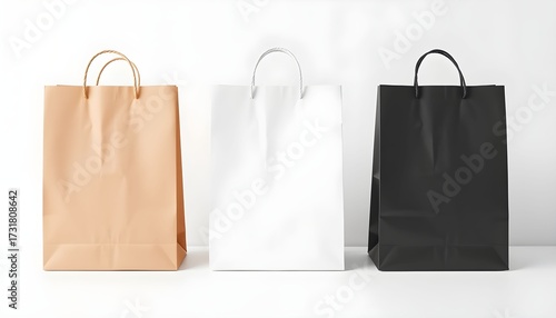 Three blank paper shopping bags in brown, white, and black colors lined up against a plain white background.