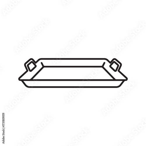 Food serving tray line icon. Empty plastic cafeteria or restaurant platter with handles. Vector symbol for fast food, breakfast service, and kitchenware.
