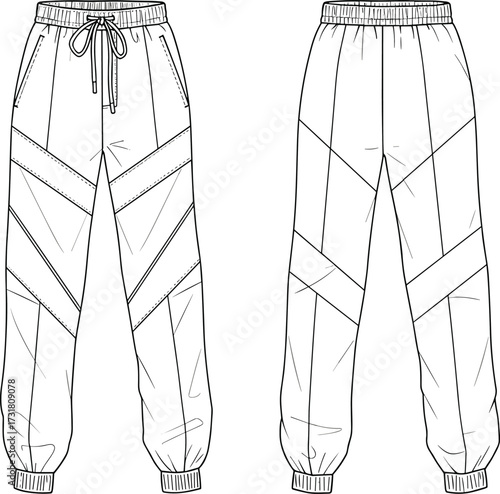 Jogger pants fashion sketch, technical drawing front and back view, elastic waistband with drawstring, geometric seam panel design, sportswear illustration, apparel design template, clothing vector