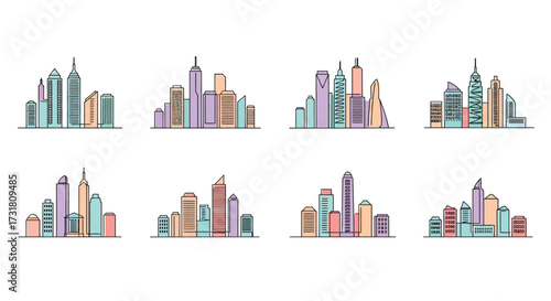 Colorful linear cityscape illustrations depicting modern architecture and urban environments