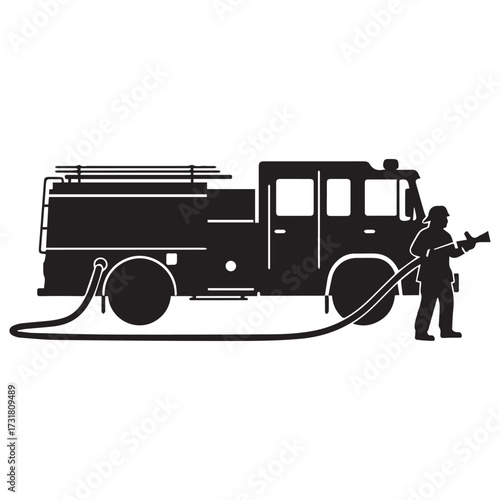 Silhouette of a firefighter standing with a hose connected to a fire truck, isolated on white background.