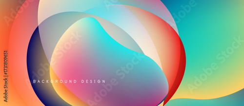 Abstract colorful shapes overlap creating dynamic visual effect. Gradient hues blend smoothly, offering modern design element.