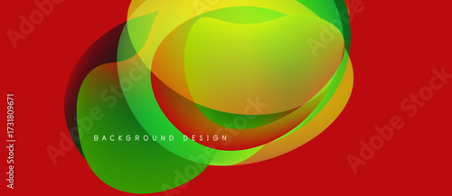 Abstract vibrant shapes overlap. Red background contrasts with green, yellow, orange hues. Modern design element for digital projects.