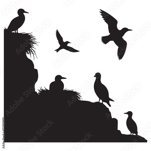 Vector art of silhouette of seabirds on a cliff, showcasing the natural habitat and wildlife of coastal environments