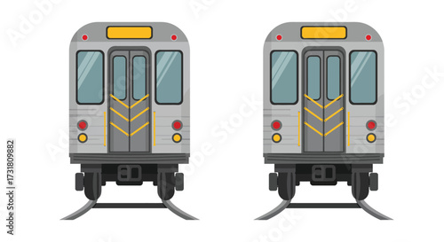 Two grey and yellow subway train cars sitting on railway tracks