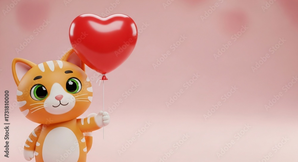 Fototapeta premium Cute orange cartoon cat character with large green eyes holding a red heart balloon against a soft pink background