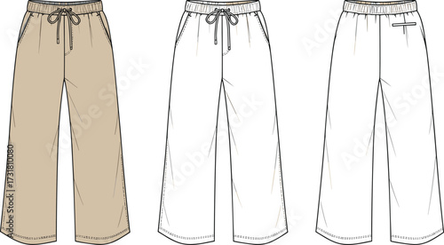 Loose fit wide leg pants technical drawing, fashion flat sketch with drawstring waistband, pocket detail, garment design illustration, clothing template for apparel designers