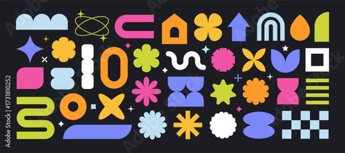 Abstract shape design element vector illustration set. Star, arch, flower, line, house, oval and other modern contemporary bauhaus and memphis simple color silhouettes.