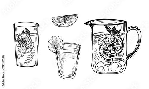 Jug and glass with lemonade. Hand drawn vector illustration