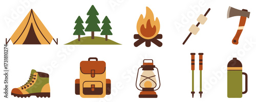 Set of camping and hiking gear icons including tent, trees, campfire, marshmallow stick, axe, boot, backpack, lantern, trekking poles, and thermos, perfect for outdoor and adventure designs