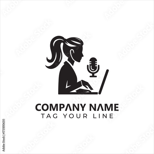 Silhouette of a Woman Podcaster with Laptop and Microphone.