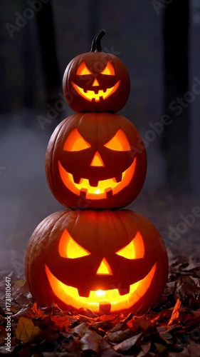 Stack of Three Illuminated Carved Pumpkins on Autumn Leaves