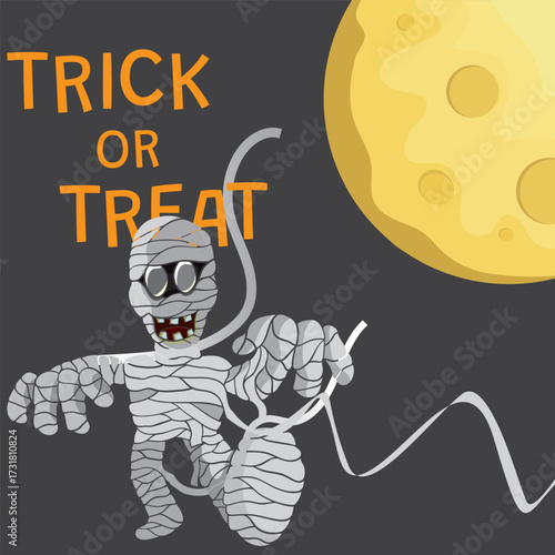 Cartoon mummy with glowing yellow moon and playful orange Trick or Treat on purple background, festive Halloween illustration with bandages and spooky smile
