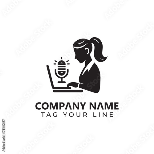 Silhouette of a Woman Podcasting with a Laptop and Microphone Logo.