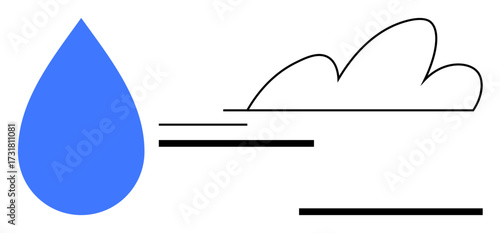 Blue droplet alongside black linear cloud and motion lines, suggesting water, weather, sustainability, hydration, ecology, purity and flow. Ideal for water cycle conservation modern design. Simple