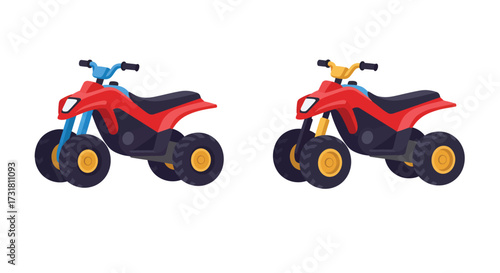 Two colorful toy quad bikes are displayed against a plain white background