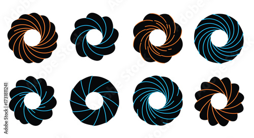 Abstract spiral patterns in orange blue and black circular designs