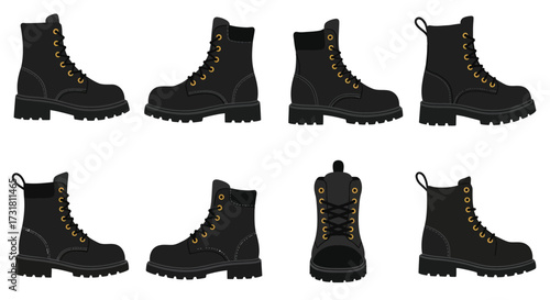 A collection of black leather combat boots in various perspectives displayed