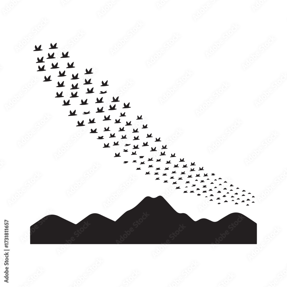 Obraz premium Vector art of silhouette of mountains with a flock of birds flying above, creating a dynamic and natural scene, simple and elegant