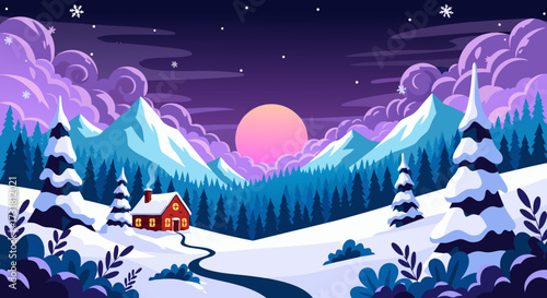 Enchanting winter landscape with a cozy cabin, mountains, and copy space for your seasonal greetings and designs