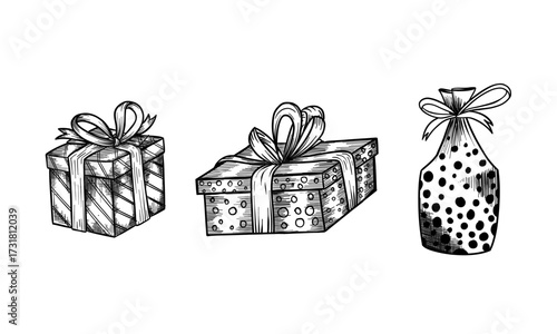 Present Box Sketch, Gift box set. Vector sketch. Isolated