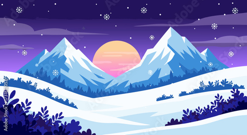 Winter wonderland landscape illustration with snow-covered mountains, copy space, and sunset creating a serene ambiance