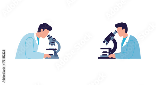 Two scientists intently examining samples using microscopes in a lab setting