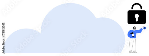 Cloud graphic with man holding key towards a large padlock symbolizing data security, privacy, and access control. Ideal for technology, cybersecurity, data protection, cloud computing, software