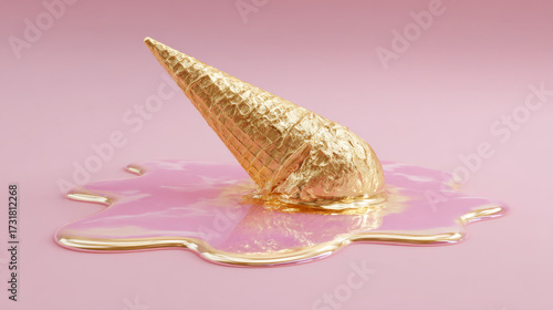 A golden ice cream cone melting into a pool of pink liquid on a marble pedestal, minimalist surrealism