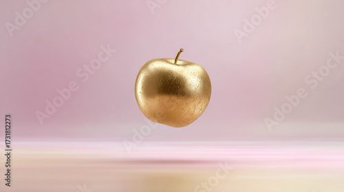 A golden apple floating in mid-air, pastel gradient background, minimalist surreal art