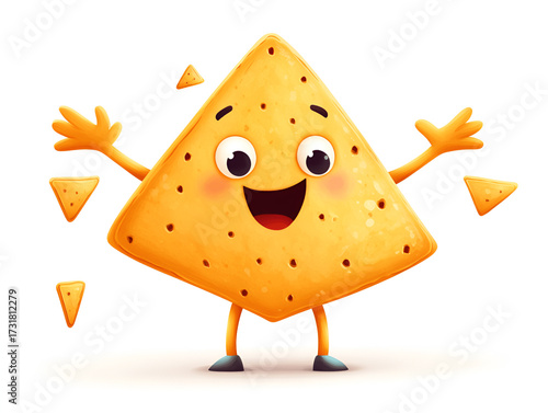 Cheerful cartoon character, a triangular chip with a smiling face, surrounded by smaller chips, conveying a fun and playful snack theme for marketing and advertising purposes
