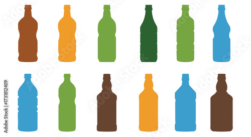 Colorful collection of glass bottles in various shapes and shades