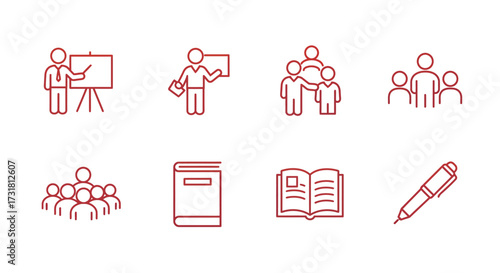 Education icons depicting learning teaching books and group collaboration