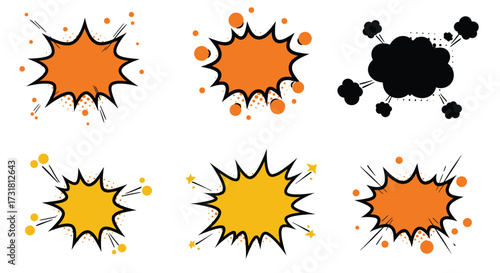 Collection of comic book explosion and burst effects in vibrant orange