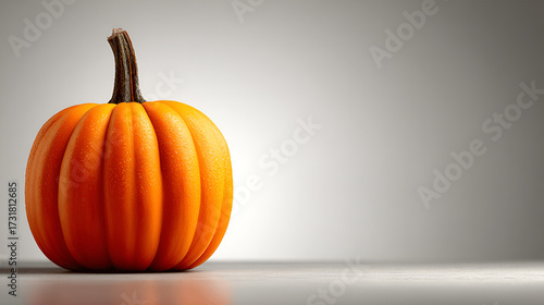 Vibrant orange pumpkin with textured skin and a sturdy stem, positioned on a reflective surface, showcasing autumnal beauty and seasonal charm in a minimalist setting
