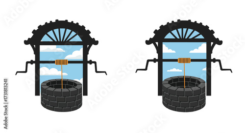 Two dark silhouettes of old wells with buckets against a blue sky