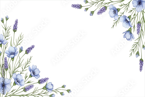 Vector art of watercolor floral frame with blue flax flowers and lavender, handdrawn botanical illustration for wedding invitations, greeting cards, and design