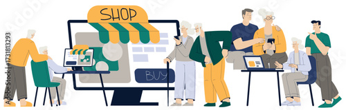 Old People Character Use Internet and Modern Gadget Vector Set