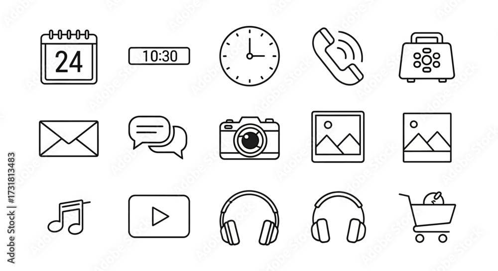 Fototapeta premium Line Icons Pack – Calendar, Time, Phone, Message, Camera, Media, Shopping