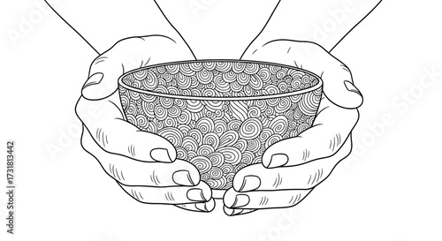 Mindful Coloring Activity Hands Gently Holding a Patterned Zen Bowl Art Therapy