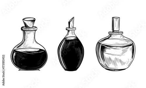 Bottles with potions. Hand drawn illustration converted to vector.