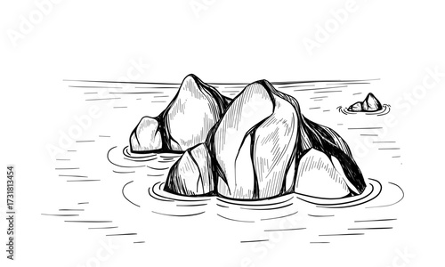 Sea sketch with rocks and gulls. Vector illustration.