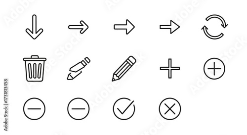 Outline Vector Icons – Arrows, Refresh, Trash, Edit, Add, Remove, Check, Close