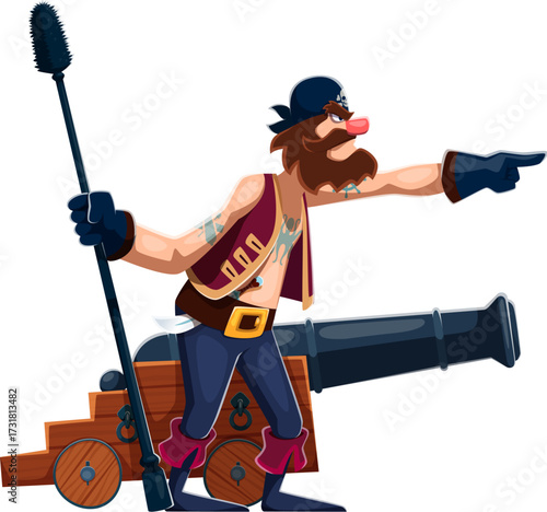 Cartoon pirate and corsair gunner ship crew character with cannon. Isolated vector swashbuckling sailor brandishes a gun charging stick and pointing fiercely to aim ready for sea battle and adventures