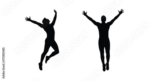 Silhouettes of two people jumping with arms outstretched in celebration