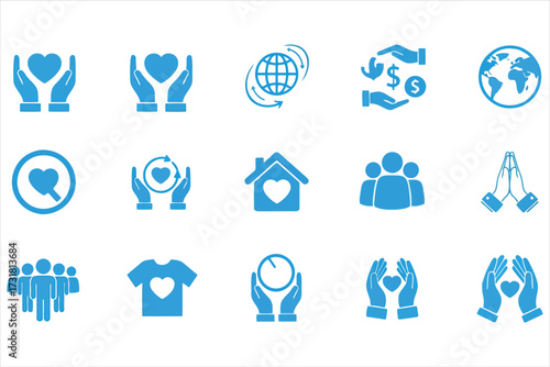 Vector art of collection of blue charity icons, depicting themes of love, care, global support, financial aid, community, and spiritual connection, symbolizing compassion and assistance