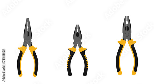 Three different types of pliers with black and yellow handles shown