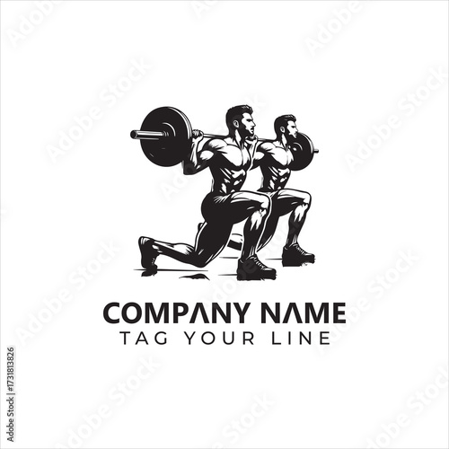 Two Muscular Men Performing Lunges with a Barbell Fitness Logo Design.
