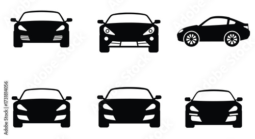 Black and white illustration showing several different car front views