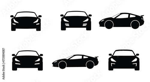 Simple black silhouette icons depicting various sports car front and side views